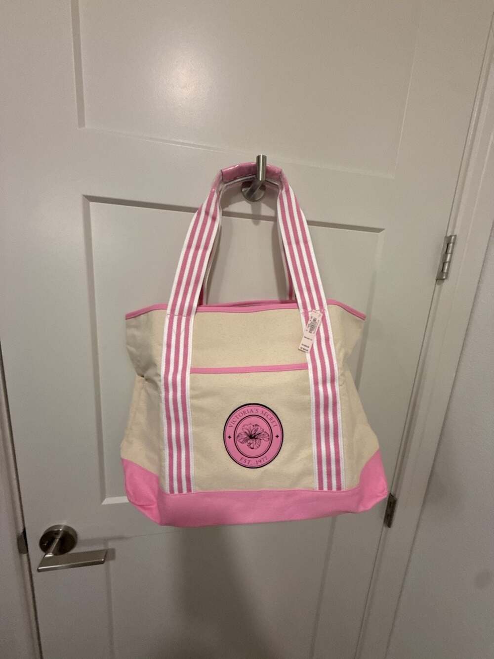 Victoria's Secret Hibiscus Monogram Patch Canvas Tote Bag Cream Pink Striped